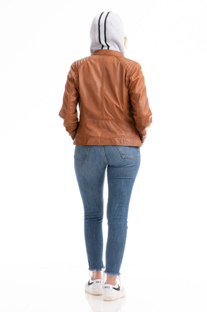 Women's Lambskin Leather Cafe Racer Jacket with Detachable Hood – Cognac & Black