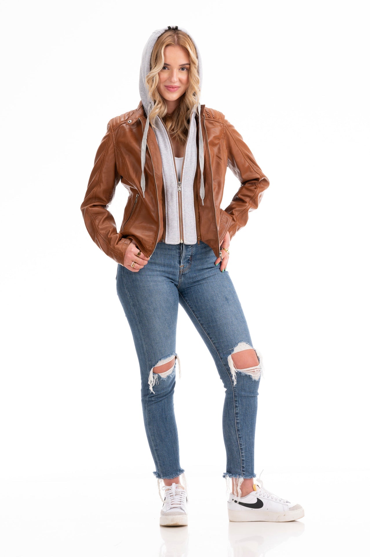 Women's Lambskin Leather Cafe Racer Jacket with Detachable Hood – Cognac & Black