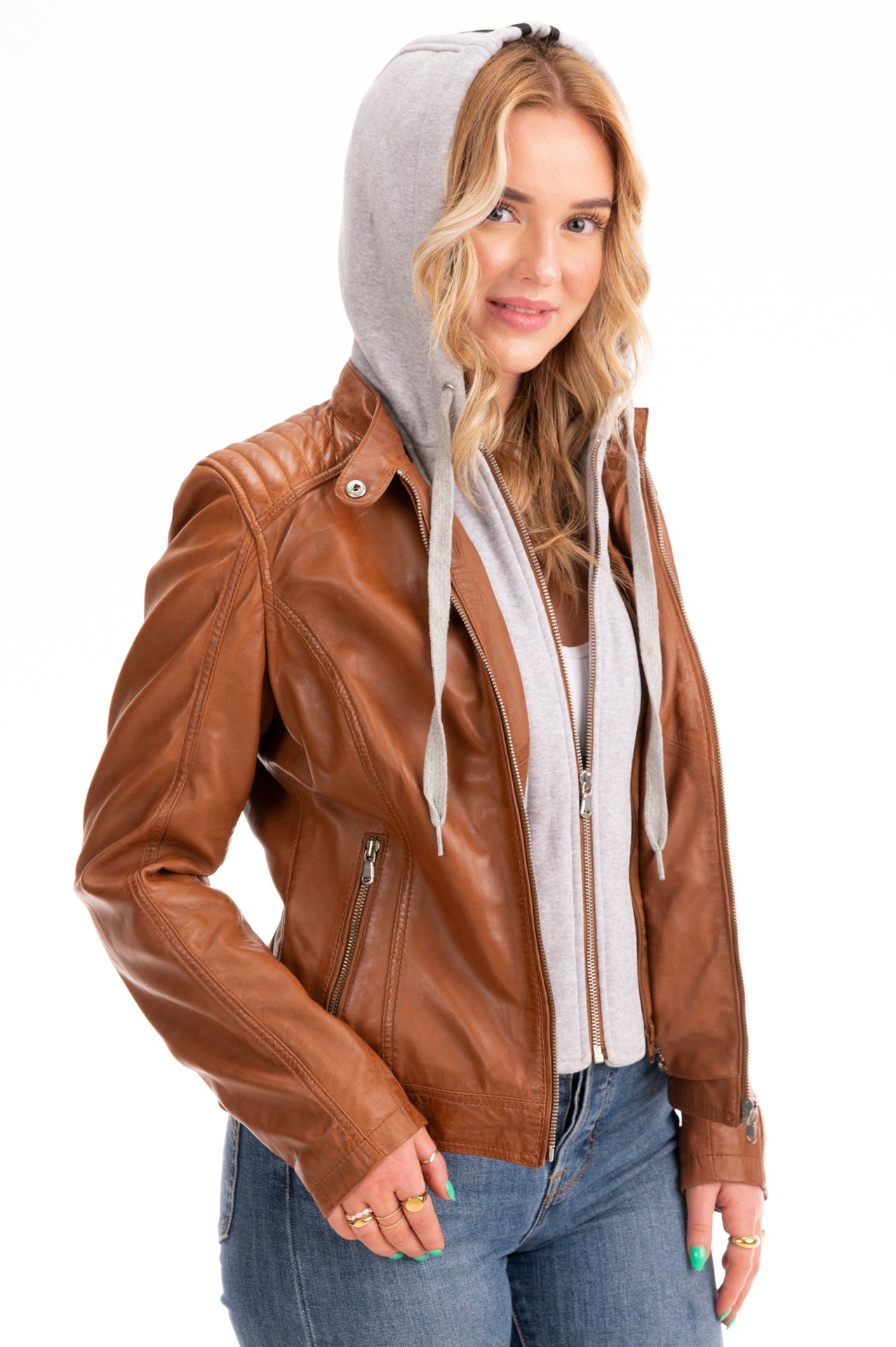 Women's Lambskin Leather Cafe Racer Jacket with Detachable Hood – Cognac & Black