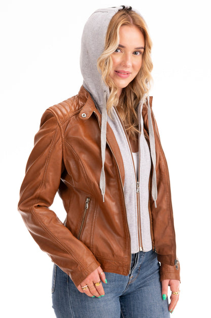 Women's Lambskin Leather Cafe Racer Jacket with Detachable Hood – Cognac & Black