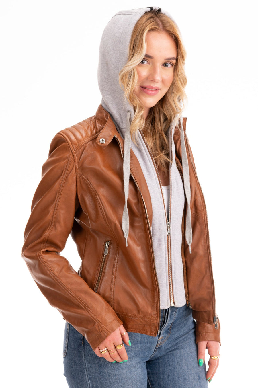 Women's Lambskin Leather Cafe Racer Jacket with Detachable Hood – Cognac & Black