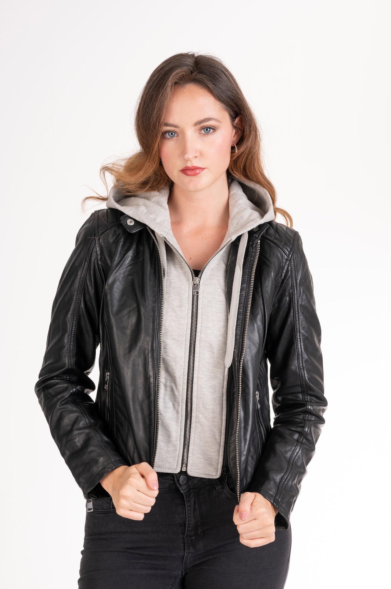 Women's Lambskin Leather Cafe Racer Jacket with Detachable Hood – Cognac & Black
