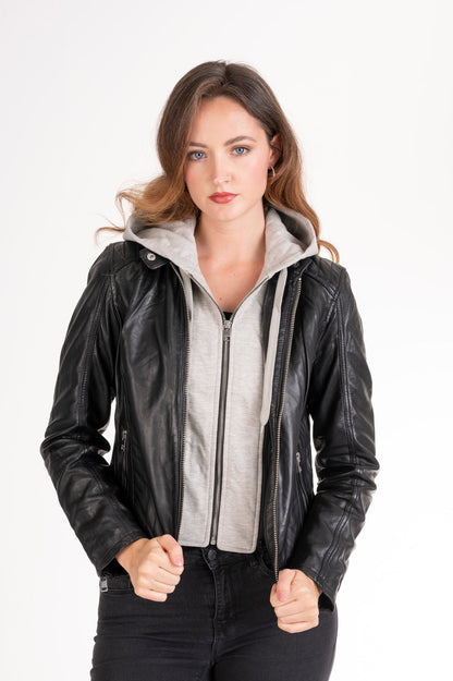 Women's Lambskin Leather Cafe Racer Jacket with Detachable Hood – Cognac & Black