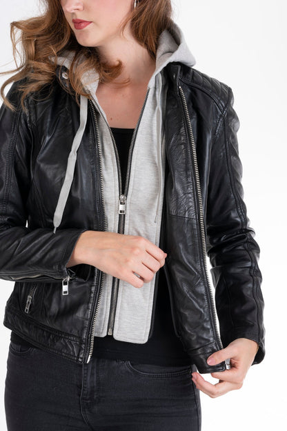 Women's Lambskin Leather Cafe Racer Jacket with Detachable Hood – Cognac & Black