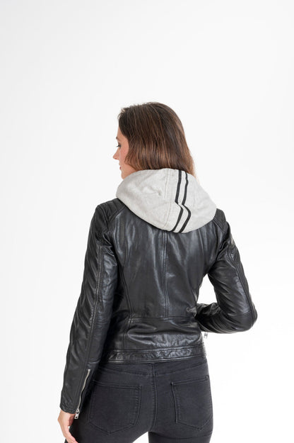 Women's Lambskin Leather Cafe Racer Jacket with Detachable Hood – Cognac & Black