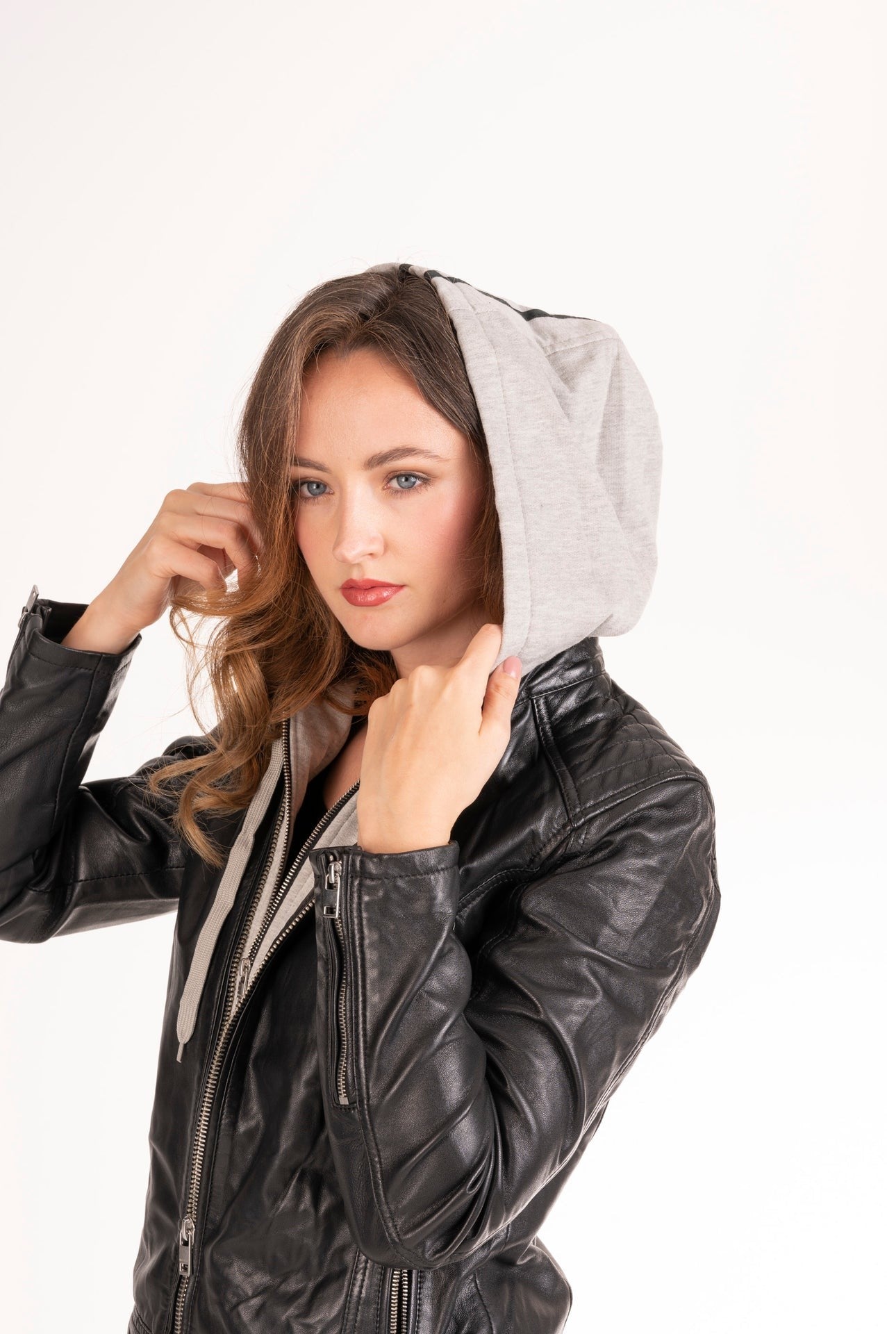 Women's Lambskin Leather Cafe Racer Jacket with Detachable Hood – Cognac & Black