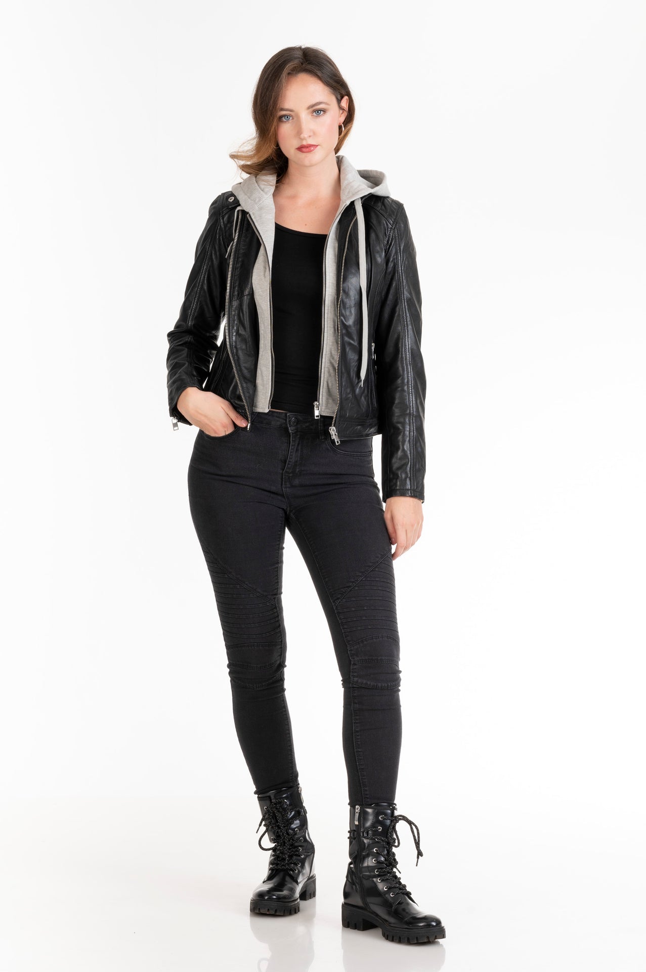 Women's Lambskin Leather Cafe Racer Jacket with Detachable Hood – Cognac & Black