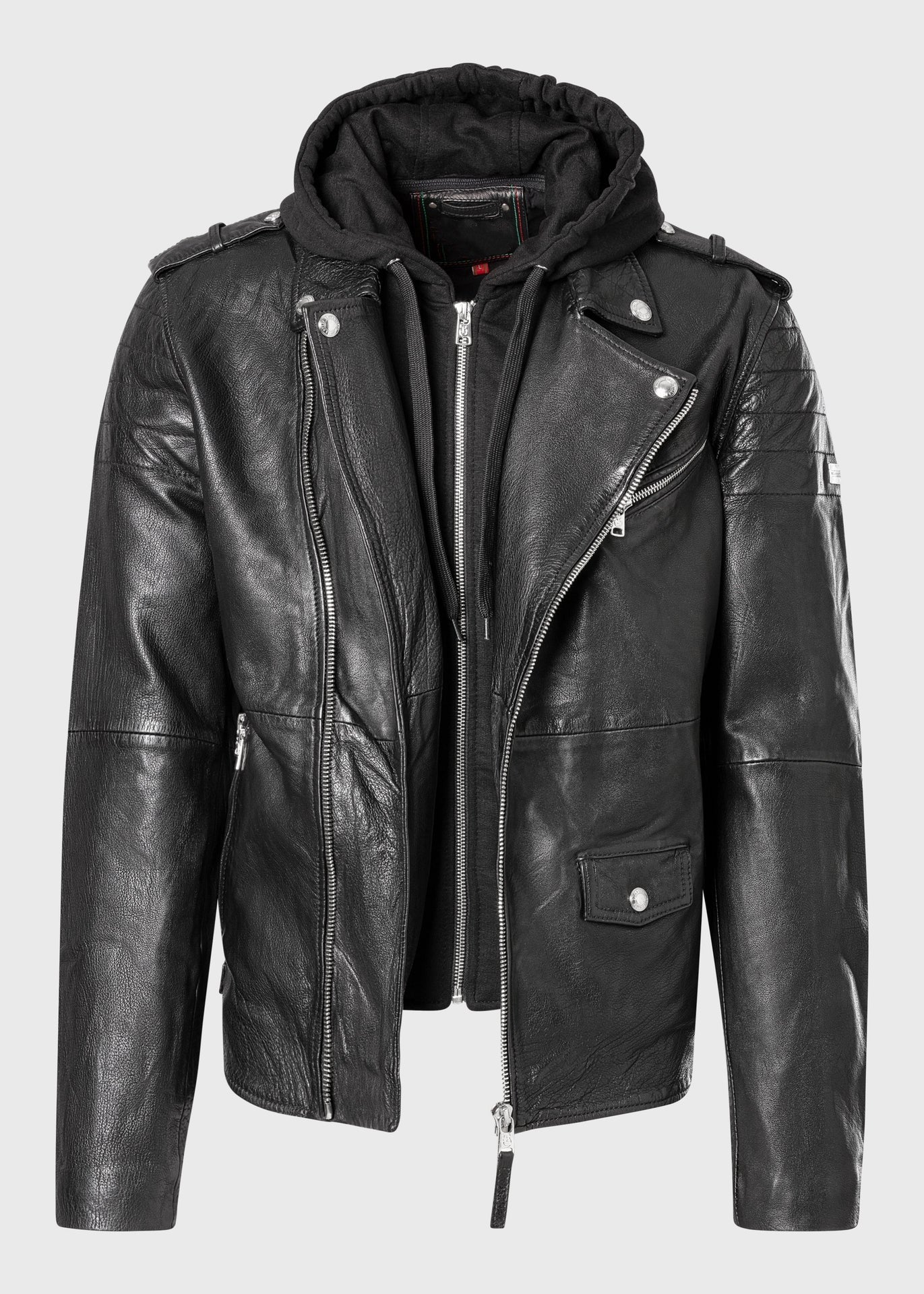Men's Buffalo Leather Biker Jacket with Removable Hood Insert – Real Heavy Leather Asymmetric Moto Jacket (S–3XL)
