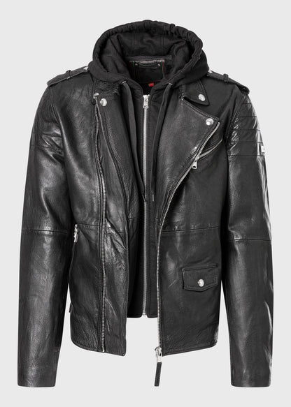 Men's Buffalo Leather Biker Jacket with Removable Hood Insert – Real Heavy Leather Asymmetric Moto Jacket (S–3XL)