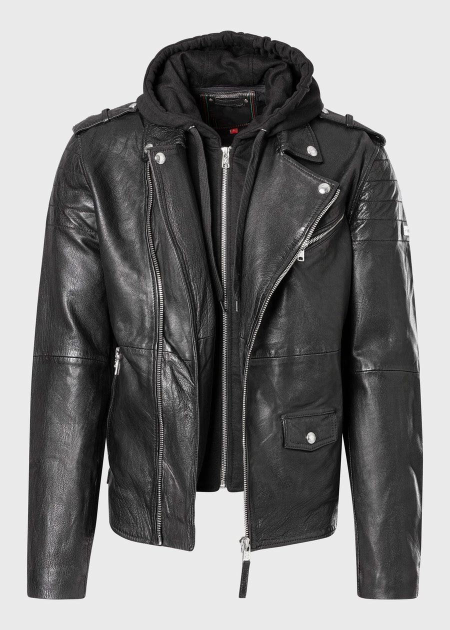 Men's Buffalo Leather Biker Jacket with Removable Hood Insert – Real Heavy Leather Asymmetric Moto Jacket (S–3XL)