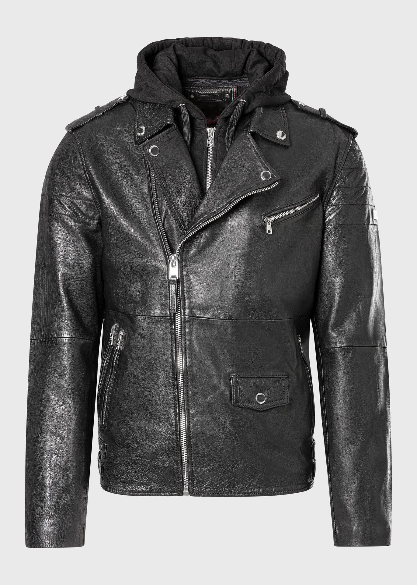 Men's Buffalo Leather Biker Jacket with Removable Hood Insert – Real Heavy Leather Asymmetric Moto Jacket (S–3XL)
