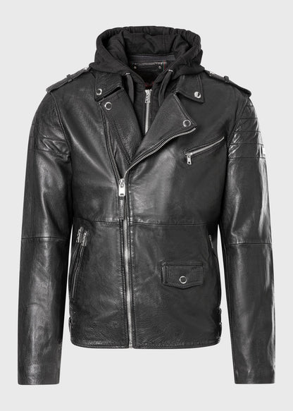 Men's Buffalo Leather Biker Jacket with Removable Hood Insert – Real Heavy Leather Asymmetric Moto Jacket (S–3XL)