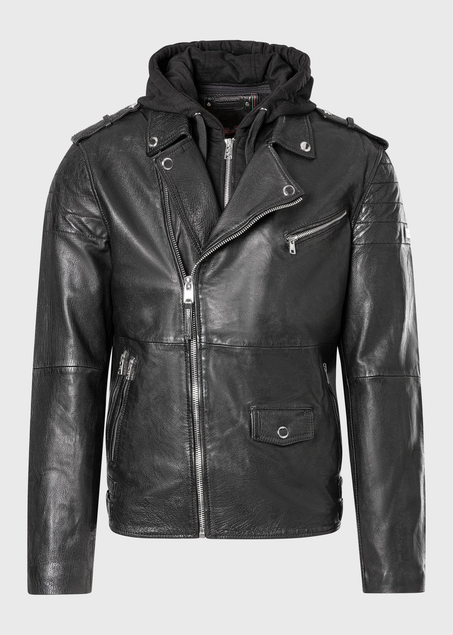 Men's Buffalo Leather Biker Jacket with Removable Hood Insert – Real Heavy Leather Asymmetric Moto Jacket (S–3XL)
