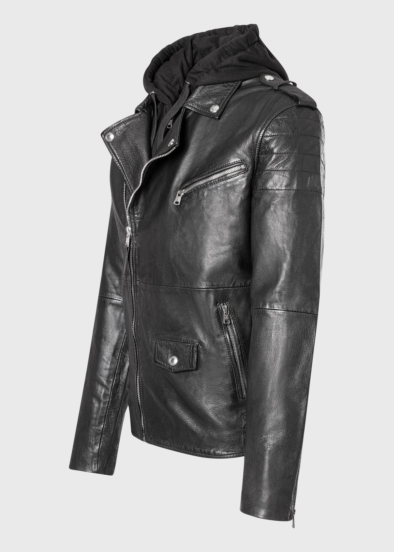 Men's Buffalo Leather Biker Jacket with Removable Hood Insert – Real Heavy Leather Asymmetric Moto Jacket (S–3XL)
