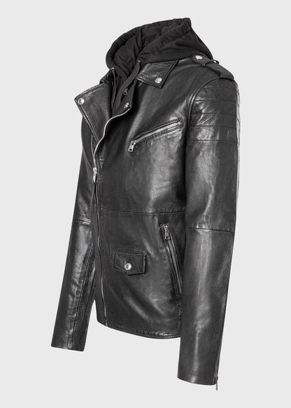 Men's Buffalo Leather Biker Jacket with Removable Hood Insert – Real Heavy Leather Asymmetric Moto Jacket (S–3XL)