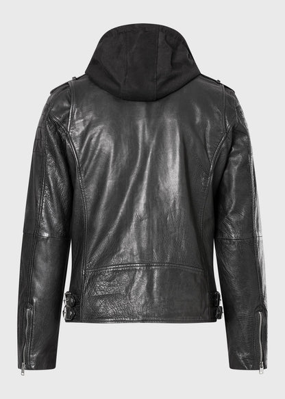 Men's Buffalo Leather Biker Jacket with Removable Hood Insert – Real Heavy Leather Asymmetric Moto Jacket (S–3XL)