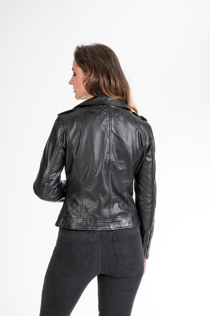 Women's Sheepskin Leather Asymmetric Biker Jacket – Cognac & Black