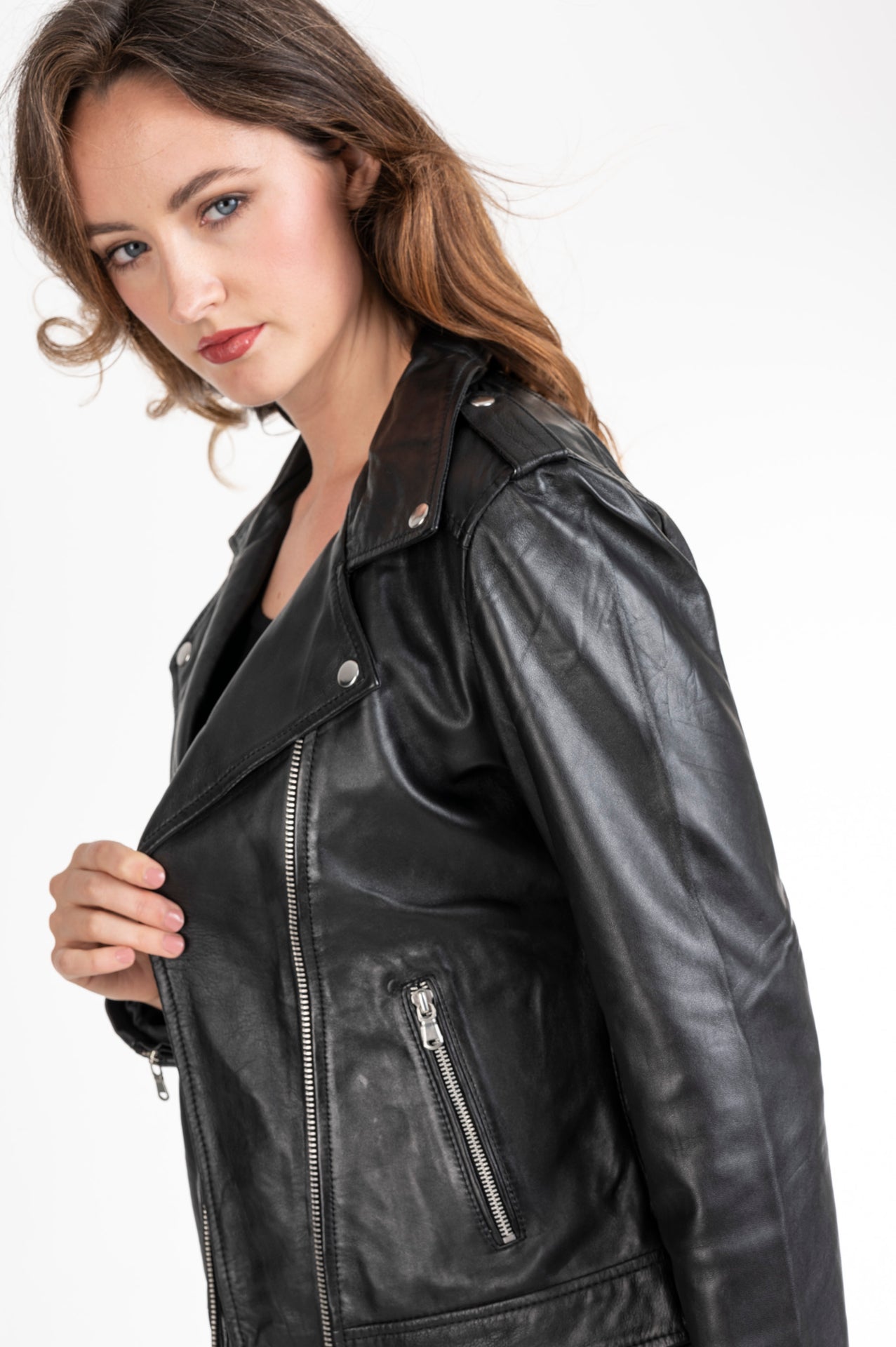 Women's Sheepskin Leather Asymmetric Biker Jacket – Cognac & Black
