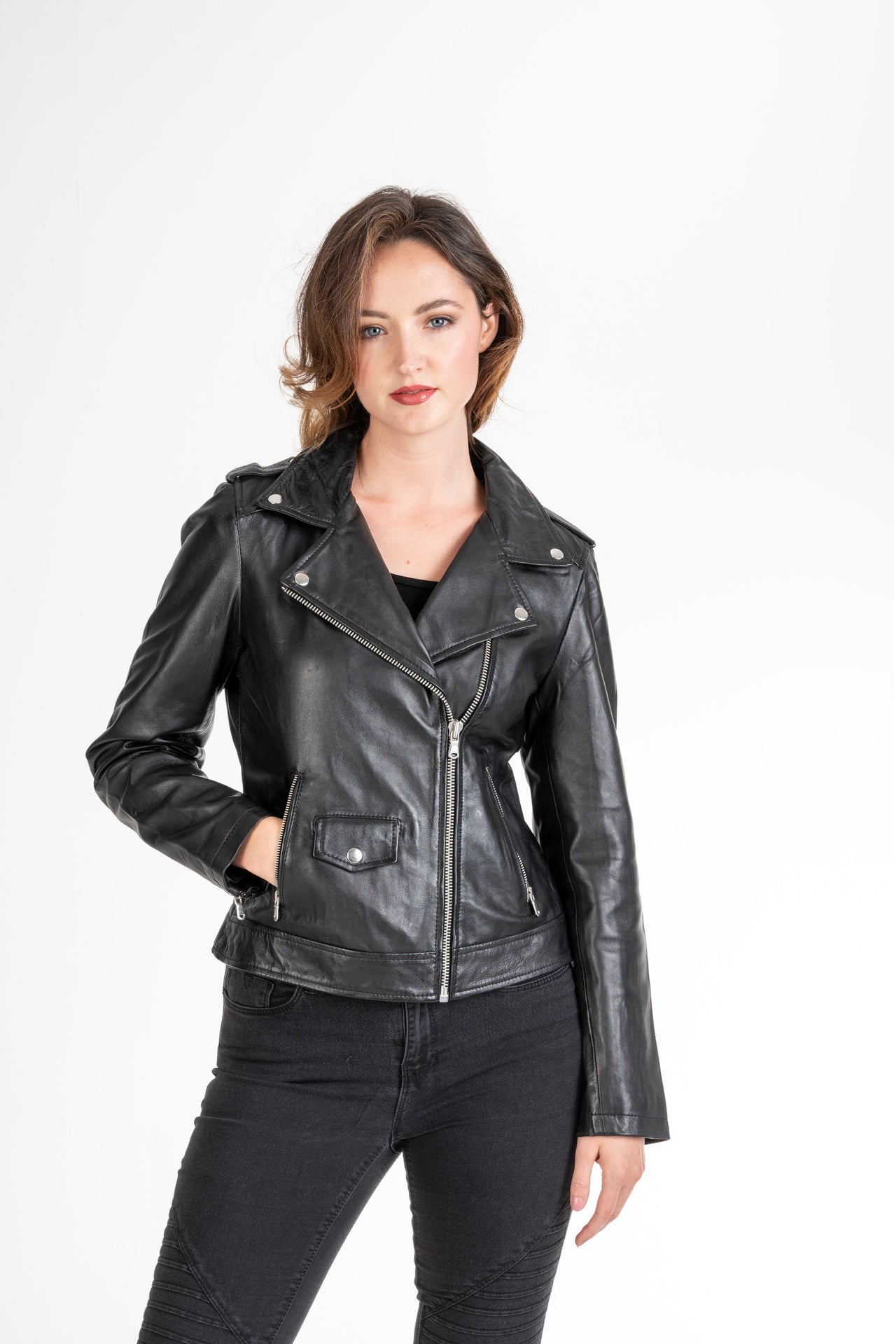 Women's Sheepskin Leather Asymmetric Biker Jacket – Cognac & Black