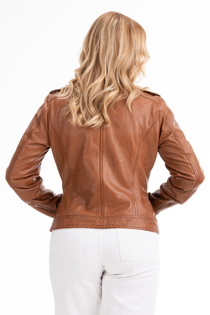 Women's Sheepskin Leather Asymmetric Biker Jacket – Cognac & Black