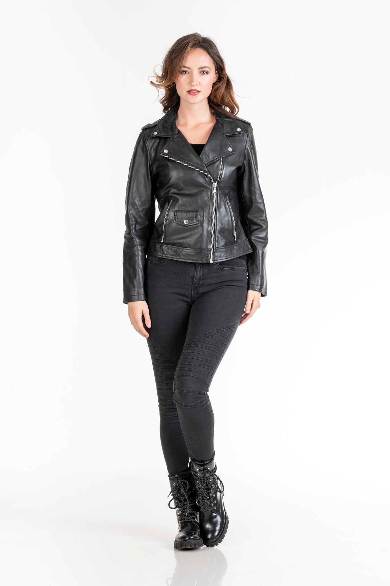 Women's Sheepskin Leather Asymmetric Biker Jacket – Cognac & Black