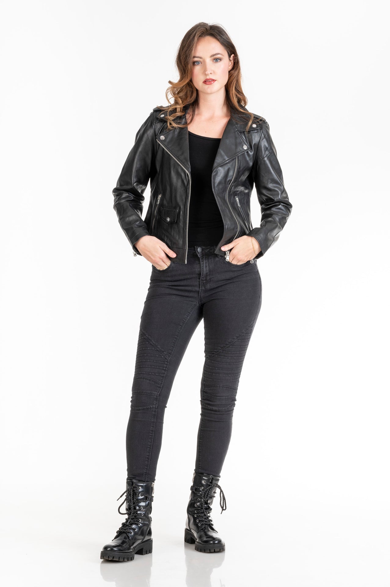 Women's Sheepskin Leather Asymmetric Biker Jacket – Cognac & Black