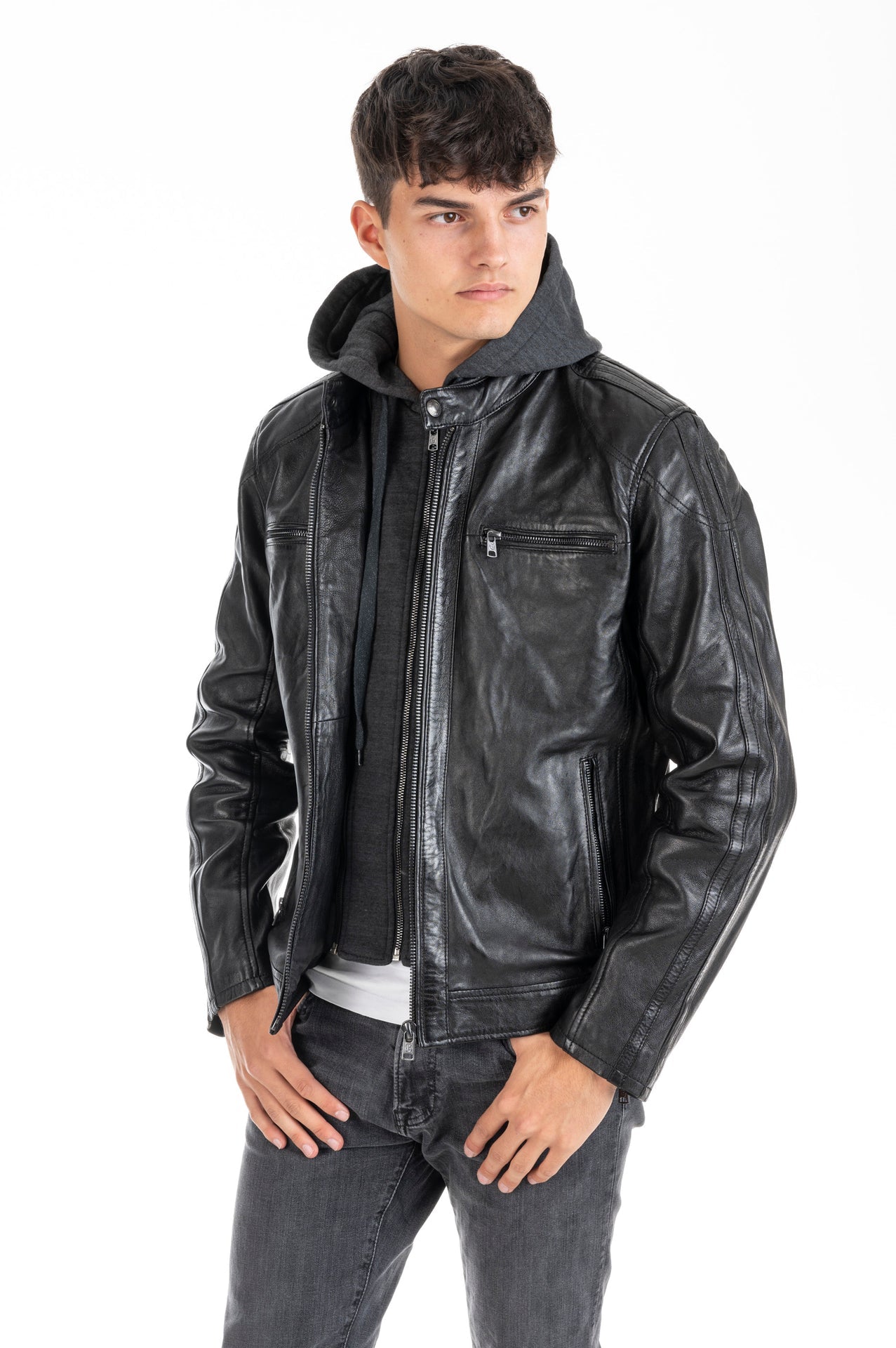 Men's Vegetable-Tanned Lambskin Leather Jacket with Removable Hood Insert – Real Leather Biker Jacket (S–3XL)
