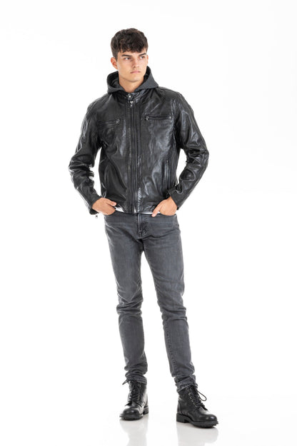 Men's Vegetable-Tanned Lambskin Leather Jacket with Removable Hood Insert – Real Leather Biker Jacket (S–3XL)