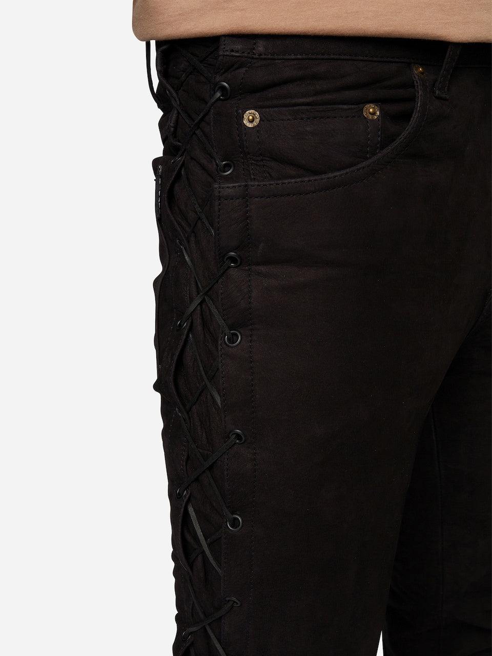 Men's Leather Pants with Laced Side Panels – Slim Fit Black