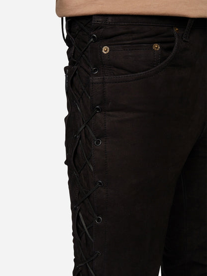 Men's Leather Pants with Laced Side Panels – Slim Fit Black