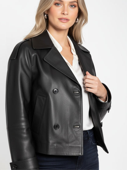 Women's Leather Cropped Peacoat – Black, Beige or Olive Double-Breasted
