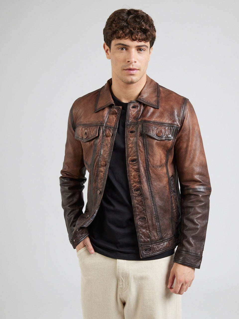 Men's Vintage Leather Trucker Jacket – Burnished Brown