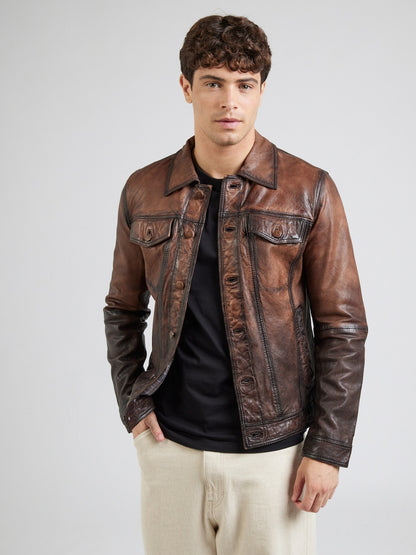 Men's Vintage Leather Trucker Jacket – Burnished Brown