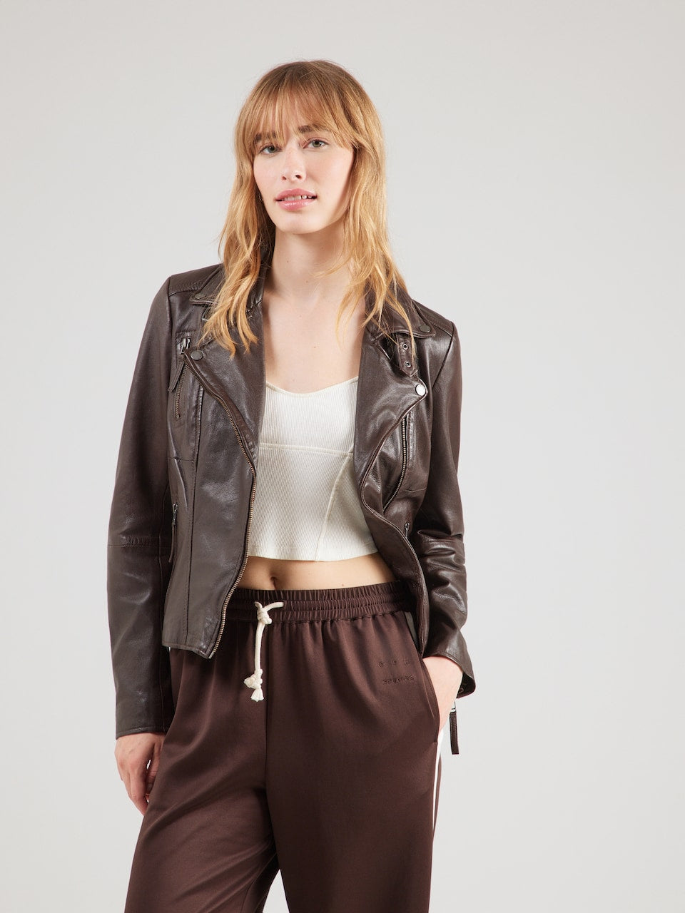 Women's Brown Leather Biker Jacket – Fitted Between-Season Moto