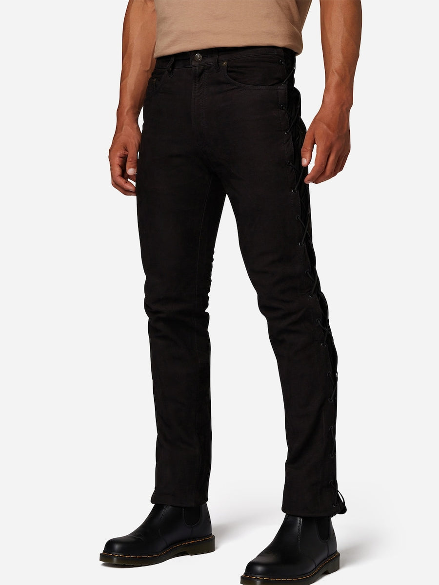 Men's Leather Pants with Laced Side Panels – Slim Fit Black