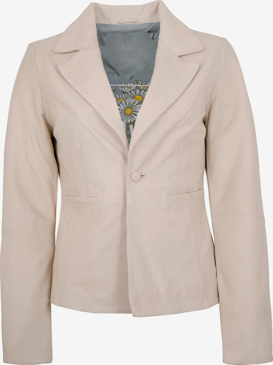 Women's Leather Blazer Jacket – Tailored Beige Single Button
