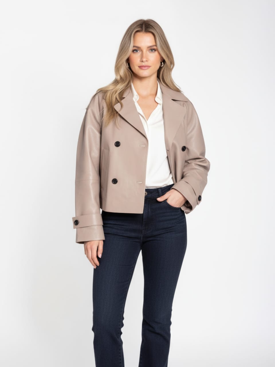 Women's Leather Cropped Peacoat – Black, Beige or Olive Double-Breasted