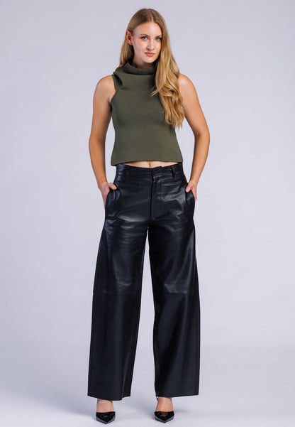 Women's Black Leather Wide-Leg Pants – Side-Pocket Style