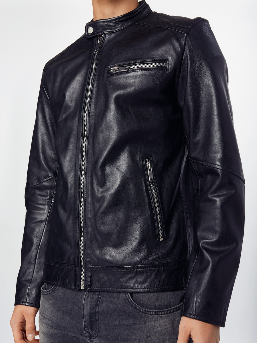 Men's Leather Cafe Racer Jacket – Black or Cognac Minimal Biker