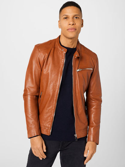 Men's Leather Cafe Racer Jacket – Black or Cognac Minimal Biker
