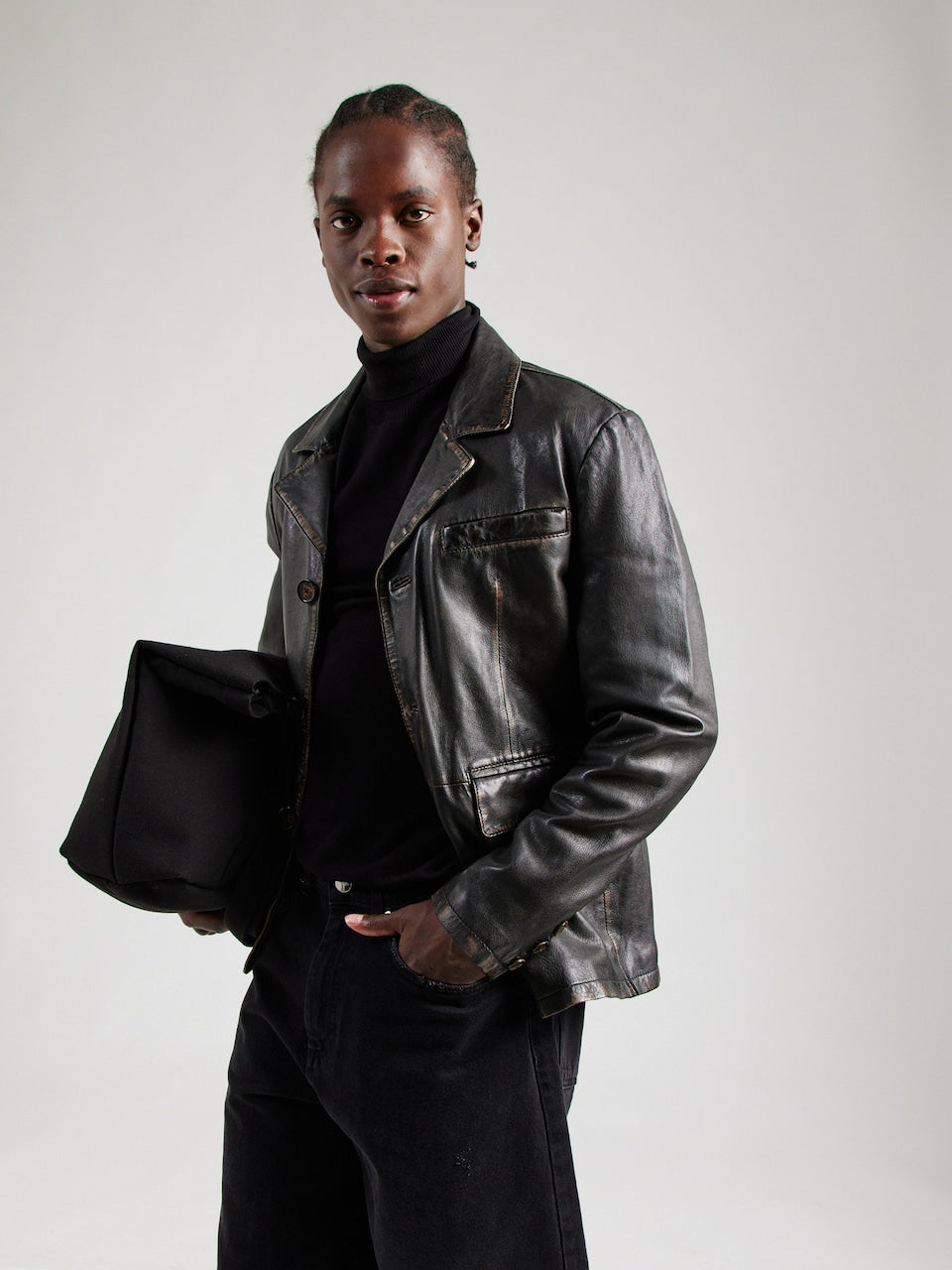 Men's Vintage Leather Blazer Jacket – Distressed Black
