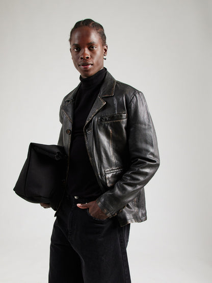 Men's Vintage Leather Blazer Jacket – Distressed Black