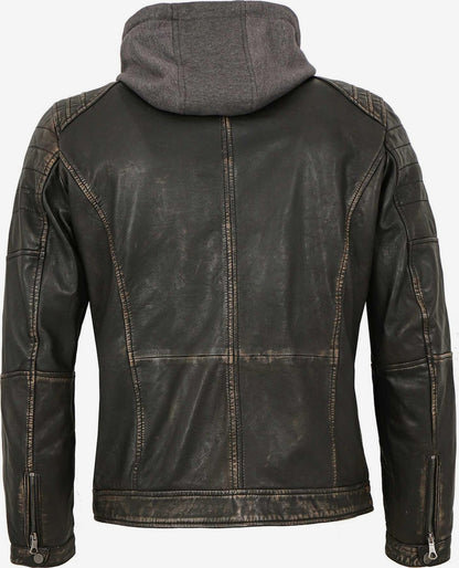 Men's Vintage Lamb Leather Jacket with Hooded Insert – Black