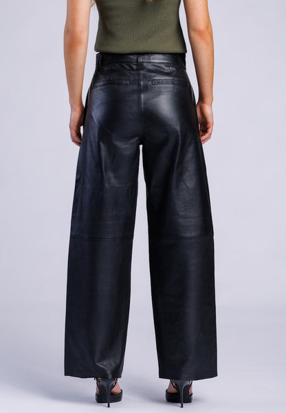 Women's Black Leather Wide-Leg Pants – Side-Pocket Style