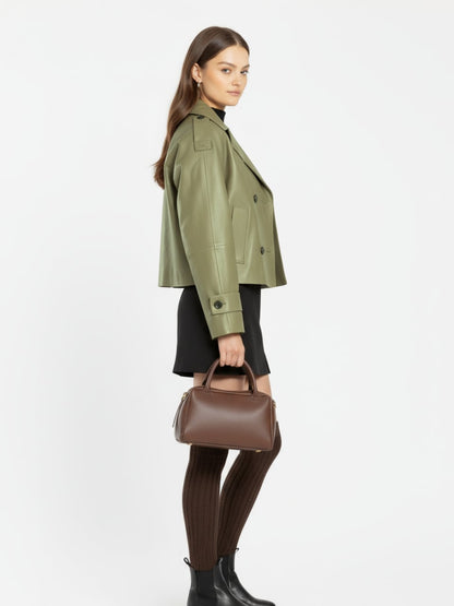 Women's Leather Cropped Peacoat – Black, Beige or Olive Double-Breasted