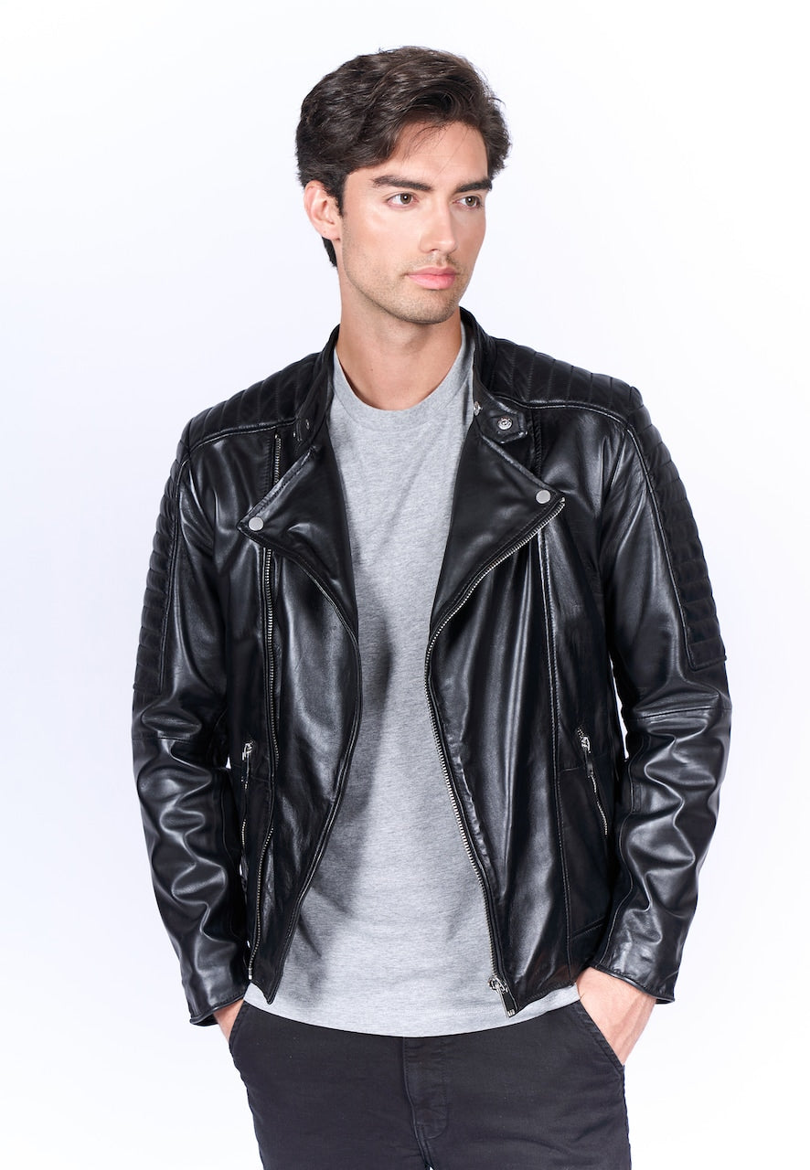Men's Asymmetric Leather Biker Jacket – Black Quilted Perfecto