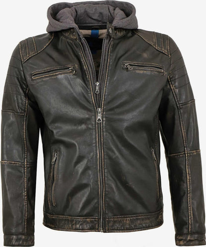 Men's Vintage Lamb Leather Jacket with Hooded Insert – Black