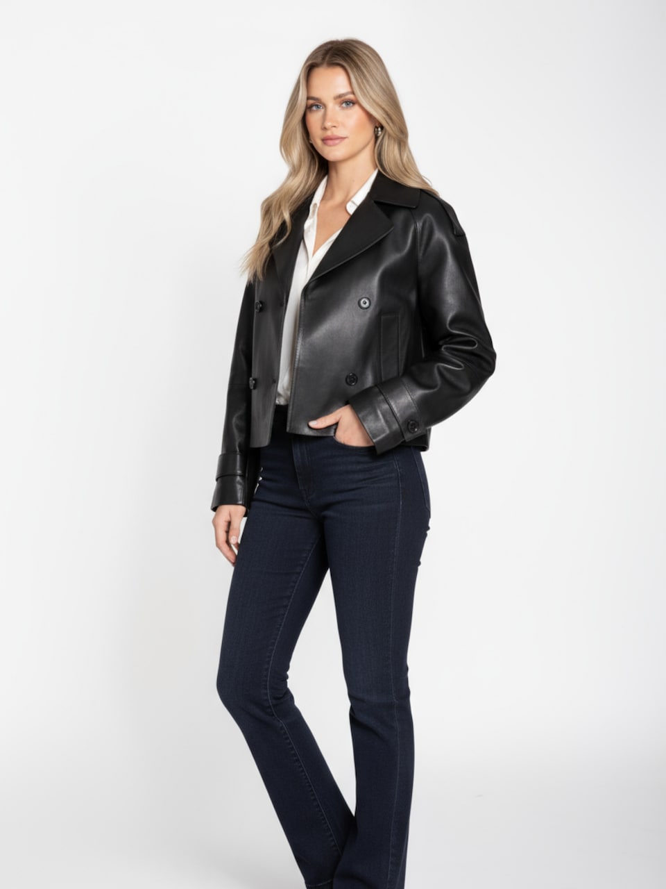 Women's Leather Cropped Peacoat – Black, Beige or Olive Double-Breasted