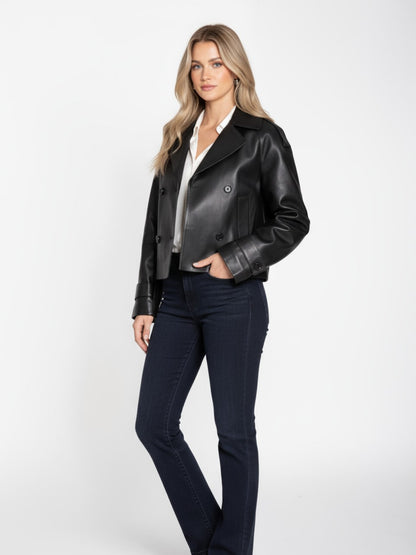 Women's Leather Cropped Peacoat – Black, Beige or Olive Double-Breasted