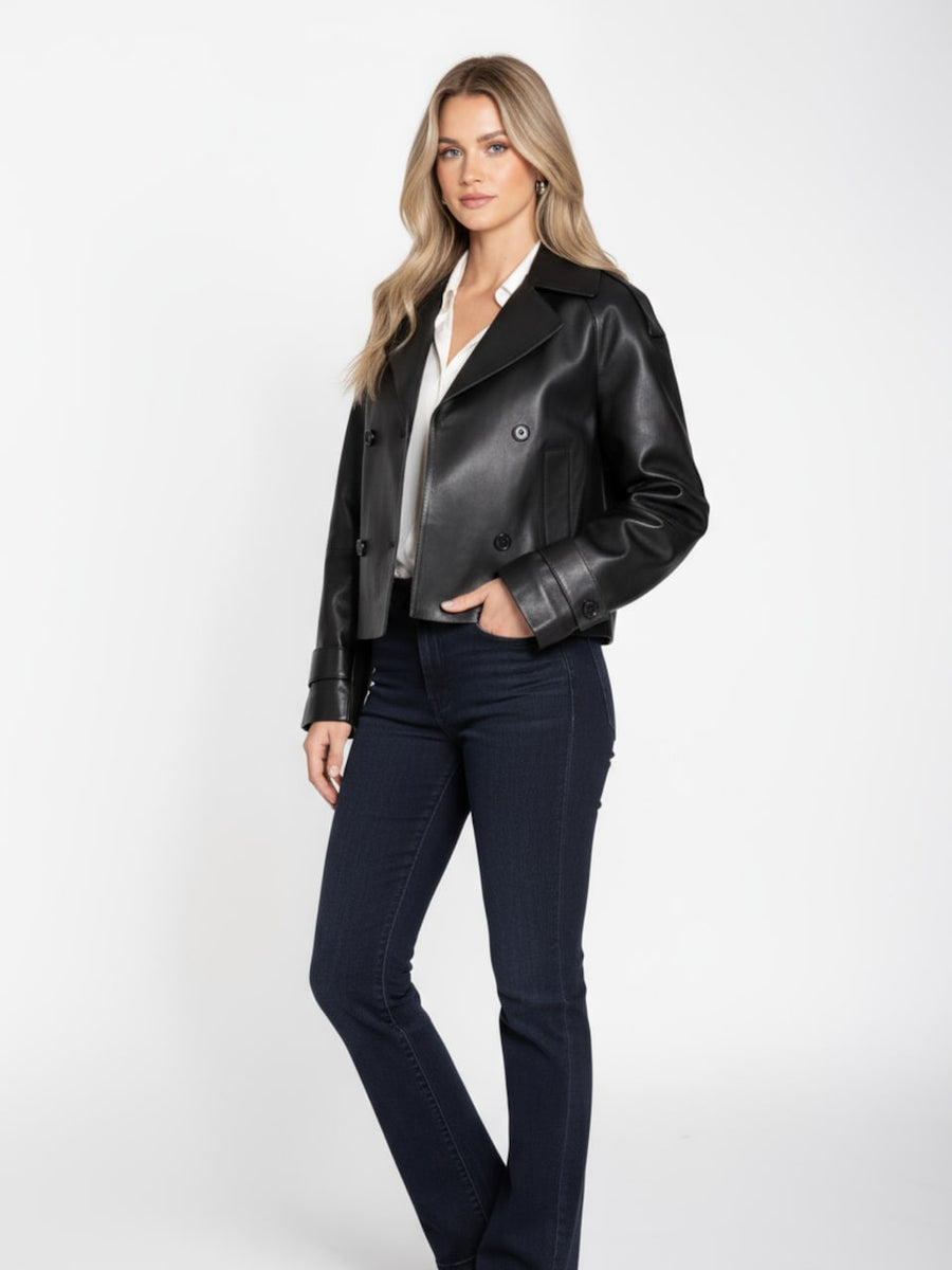 Women's Leather Cropped Peacoat – Black, Beige or Olive Double-Breasted